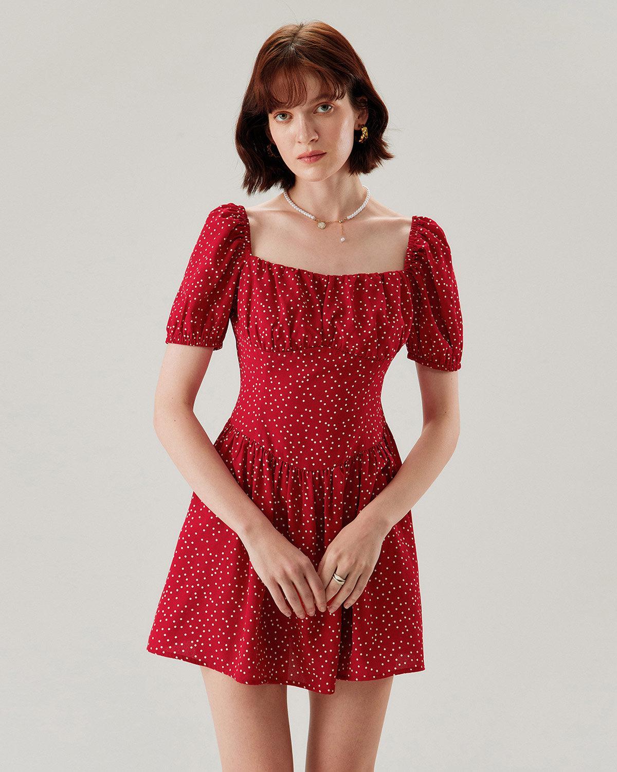 Red Polka Dot Square Neck Mini Dress Product Image