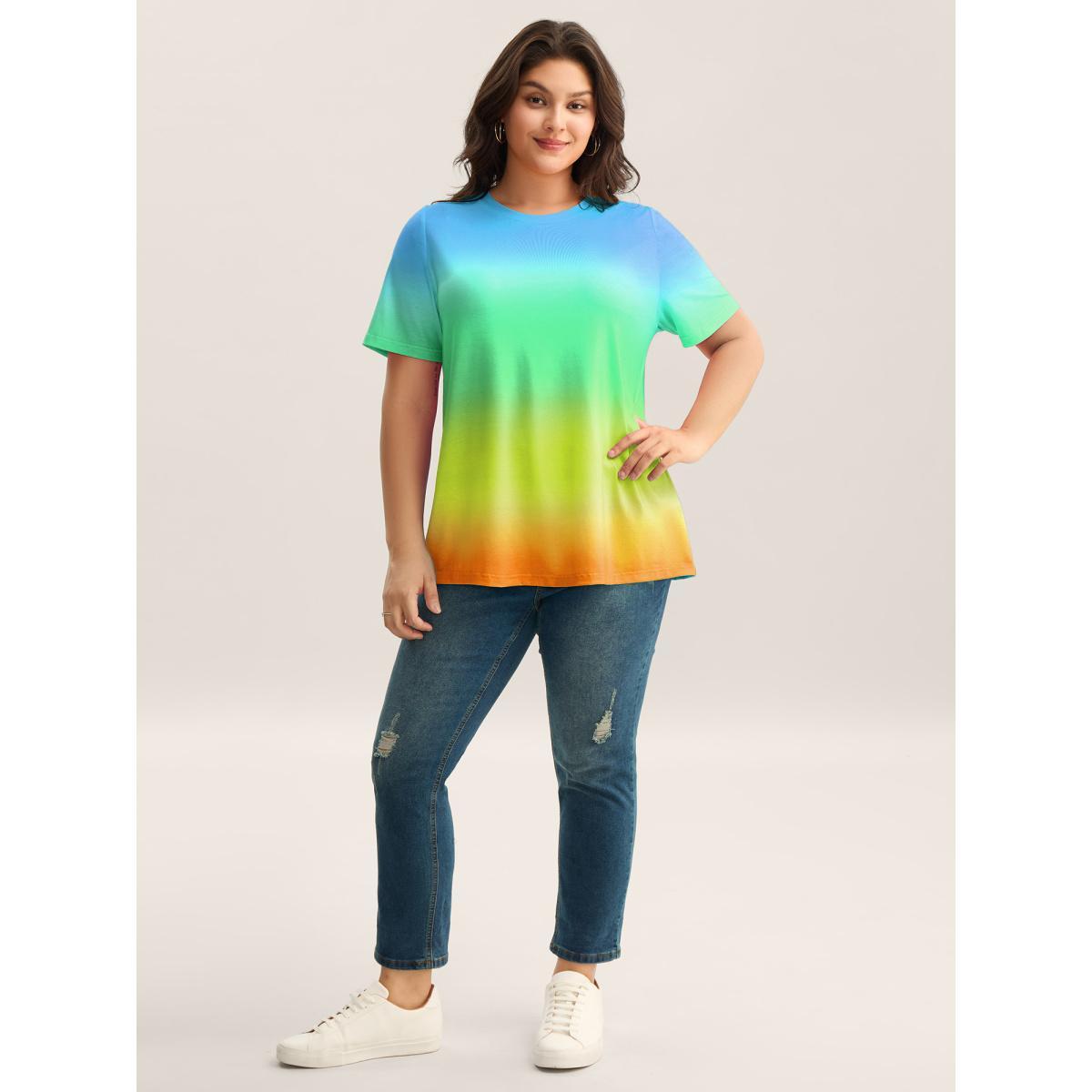 Plus Size Ombre Gradient Crew Neck Curvy T-Shirt Cerulean Women Non Round Neck Everyday-Casual T-shirts BloomChic 10/M Product Image