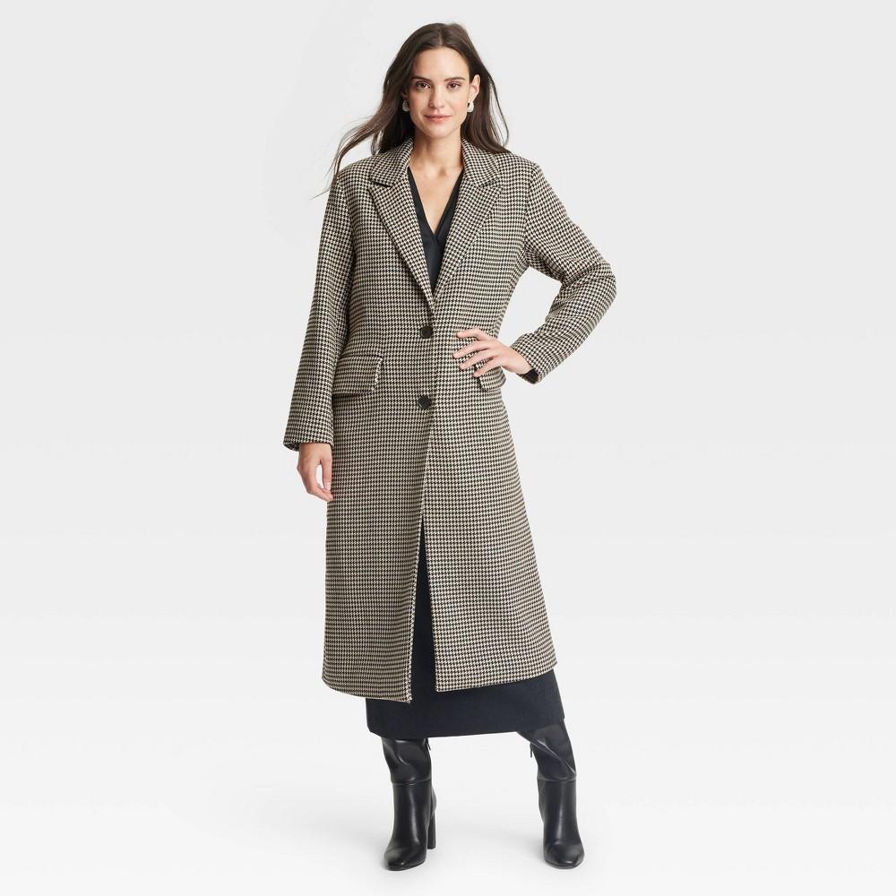 Women's Faux Wool Topcoat - A New Day™ Black/Tan Houndstooth L Product Image