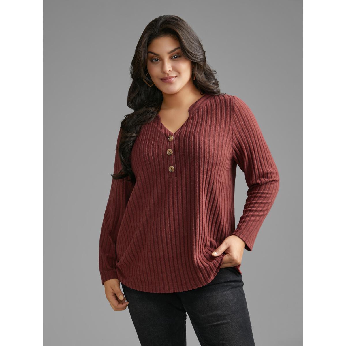 Plus Size Texture Notched Collar Button Up T-shirt Maroon Women Casual Texture Notched collar Everyday T-shirts BloomChic 18-20/2X Product Image