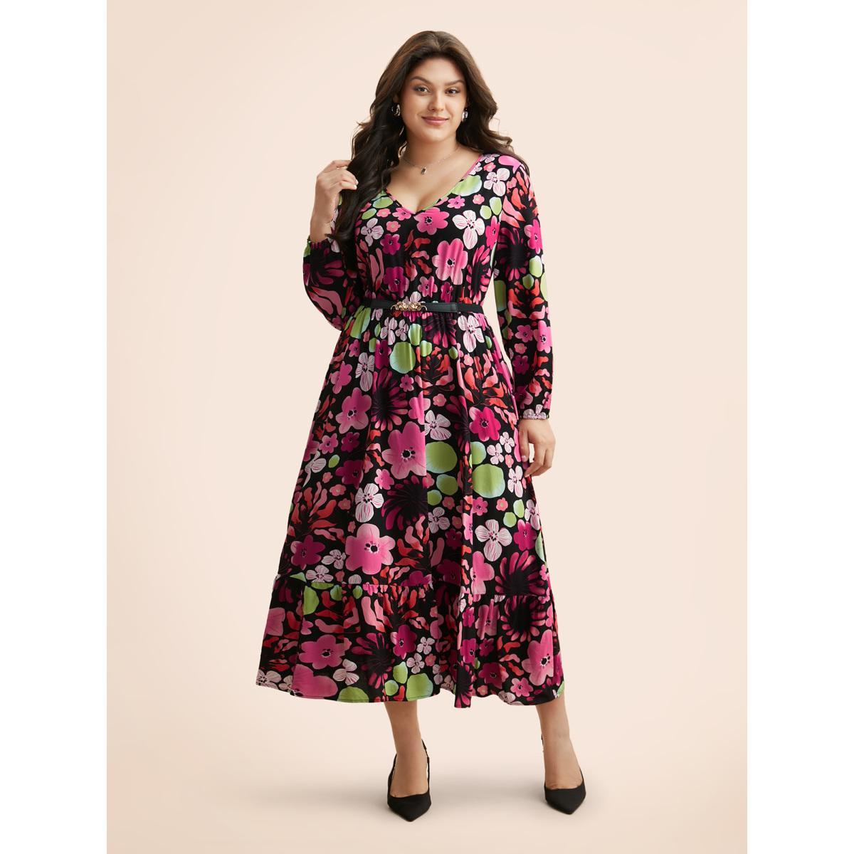 Plus Size Floral V Neck Lantern Sleeve Dress Black Women Elegant Non V-neck Long Sleeve Curvy BloomChic 30/6X Product Image