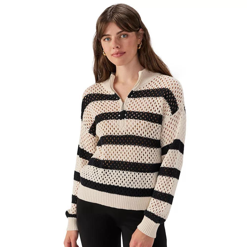 Women's Modern Supply By Sanctuary Half-Zip Sporty Open Work Sweater, Size: XL, Black Natural Stripe Product Image