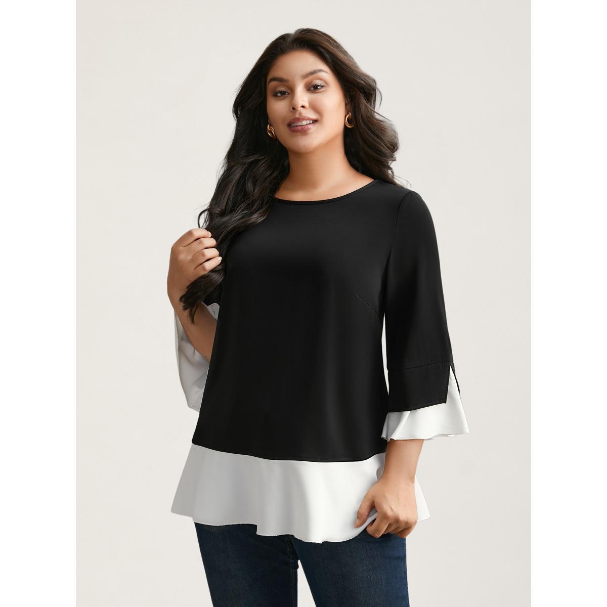 Plus Size Black Contrast Patchwork Bell Sleeve Blouse Women Elegant Elbow-length sleeve Round Neck Everyday Blouses BloomChic 18-20/2X Product Image