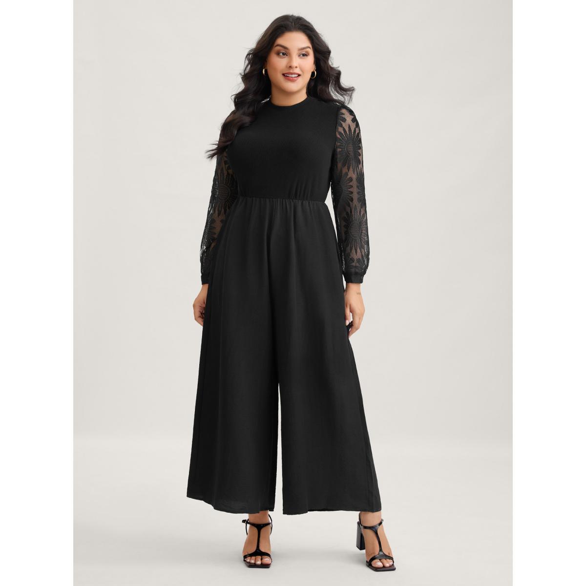 Plus Size Black Crochet Lace Mesh Mock Neck Jumpsuit Women Elegant Long Sleeve Mock Neck Everyday Loose Jumpsuits BloomChic 30/6X Product Image