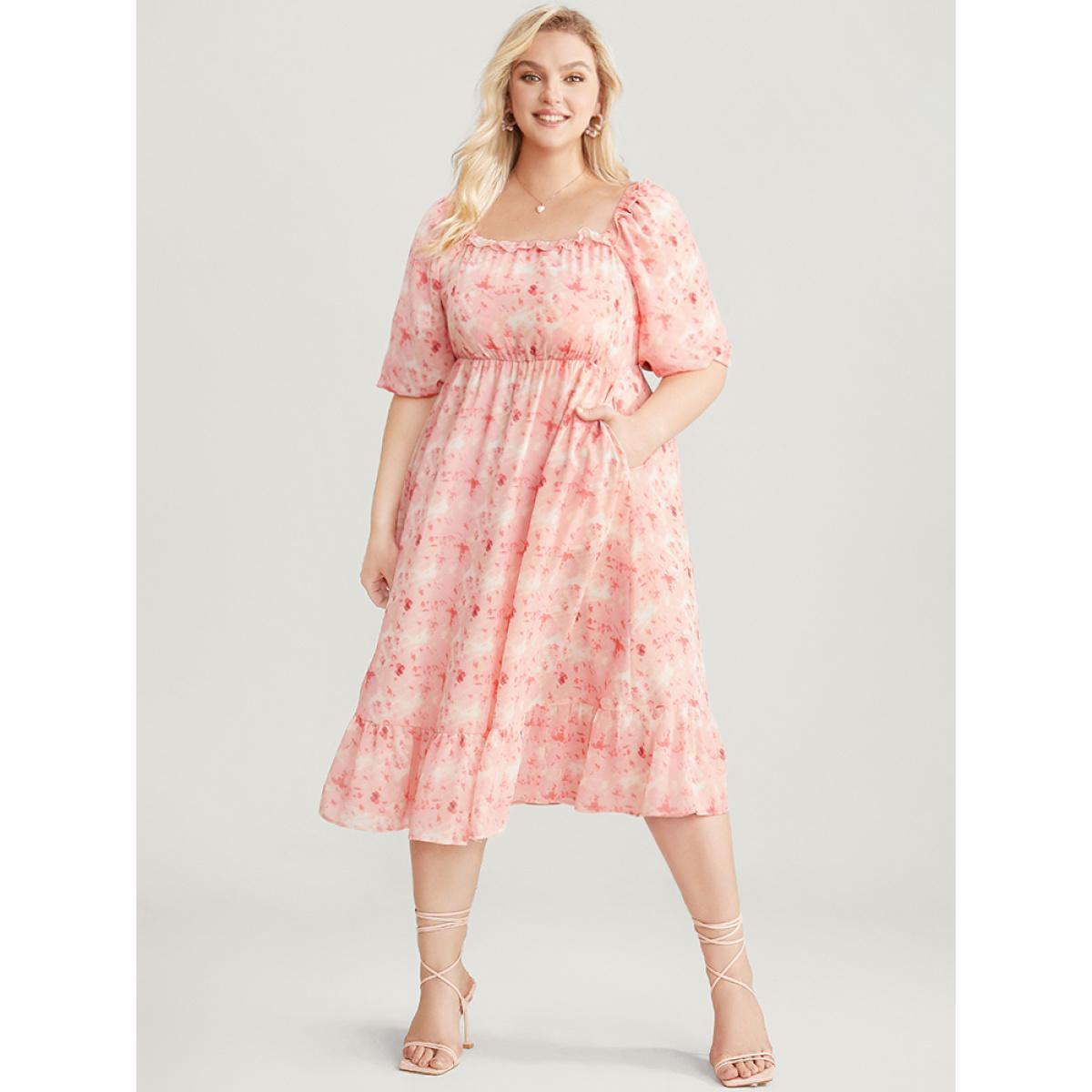 Plus Size Tie Dye Square Neck Puff Sleeve Pocket Ruffle Hem Dress Crepe Women Elegant Pocket Square Neck Short sleeve Curvy Knee Dress BloomChic 12/L Product Image