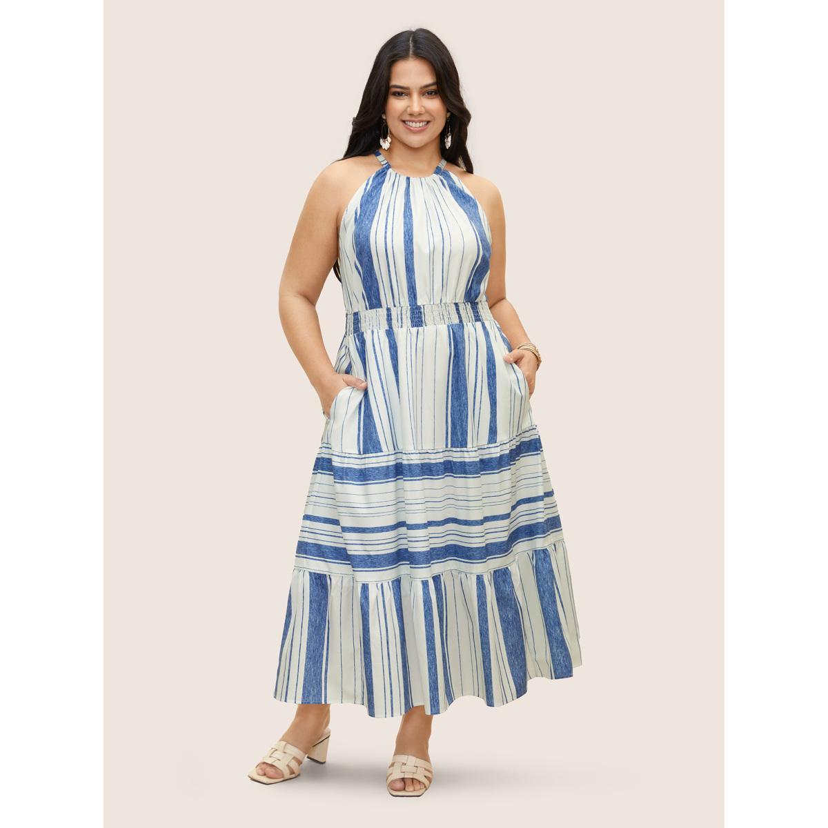 Plus Size Halter Contrast Striped Shirred Maxi Dress LightBlue Women Resort Shirred Halter neck Sleeveless Curvy BloomChic 30/6X Product Image