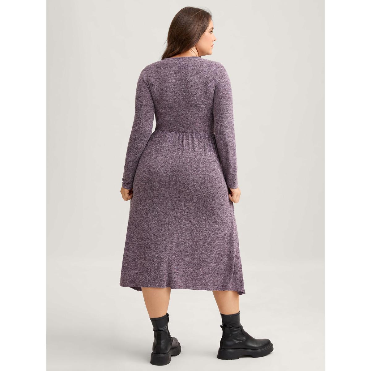 Plus Size Heart Neckline Button Detailing Crossover Fit Dress Mauve Women Casual Gathered Knit Dresses Bloomchic 12/L Product Image