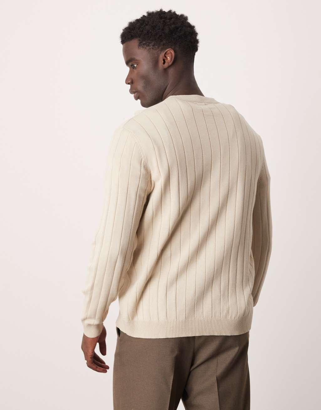 ASOS DESIGN relaxed knitted wide rib grandad neck sweater in oatmeal Product Image