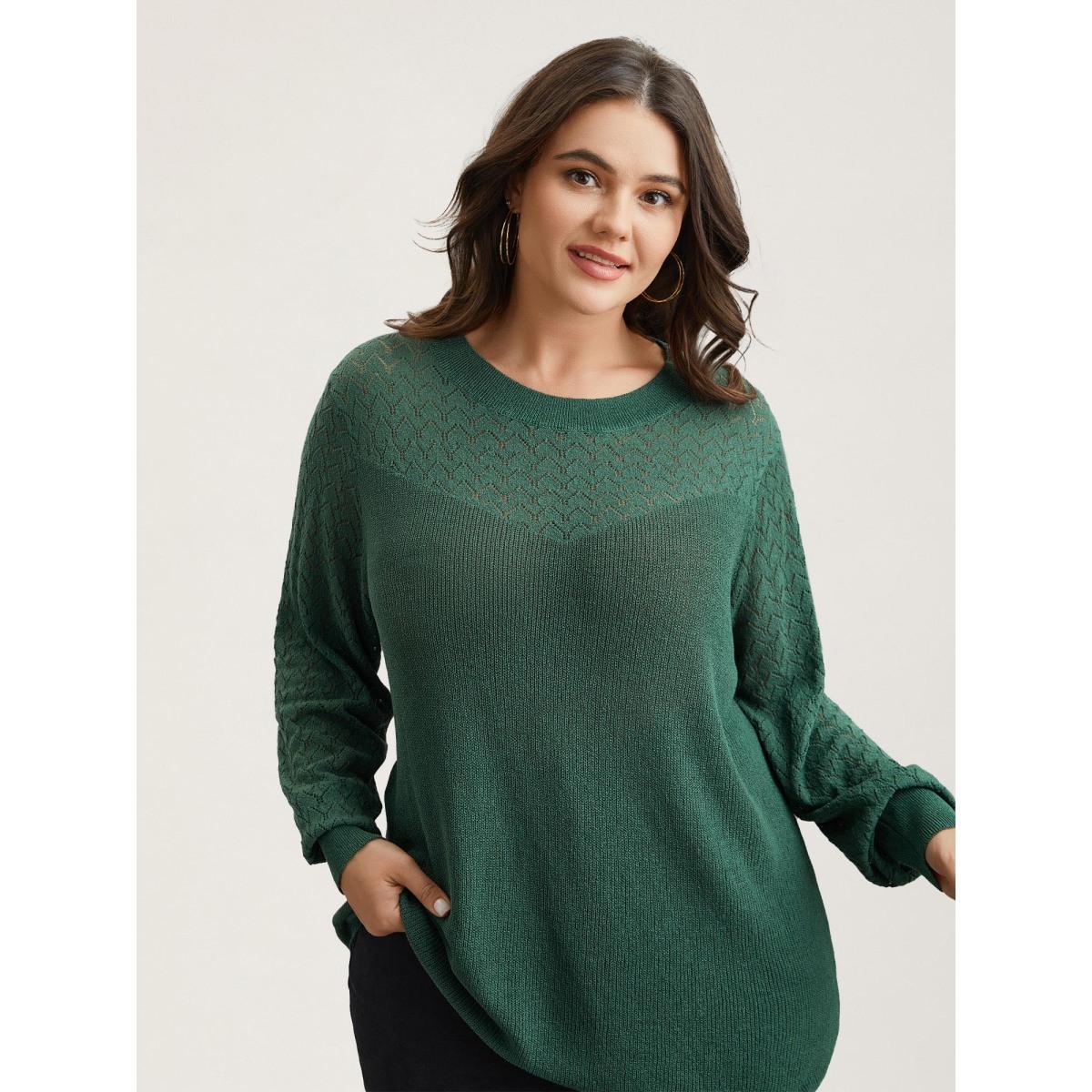 Plus Size Cut-Out Textured Ribbed Hem Pullover Truegreen Women Casual Loose Long Sleeve Round Neck Everyday Pullovers BloomChic 26/4X Product Image