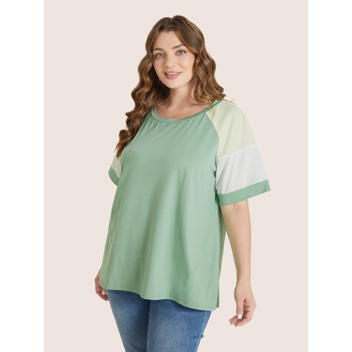 Plus Size Colorblock Contrast Crew Neck Raglan Sleeve T-shirt Mint Women Casual Contrast Colorblock Everyday T-shirts BloomChic 22-24/3X Product Image