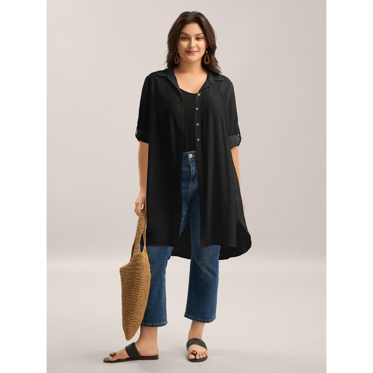 Plus Size Black Front-Open Long Basic Blouse Women Long Sleeve Shirt collar Vacation Blouses BloomChic 30/6X Product Image