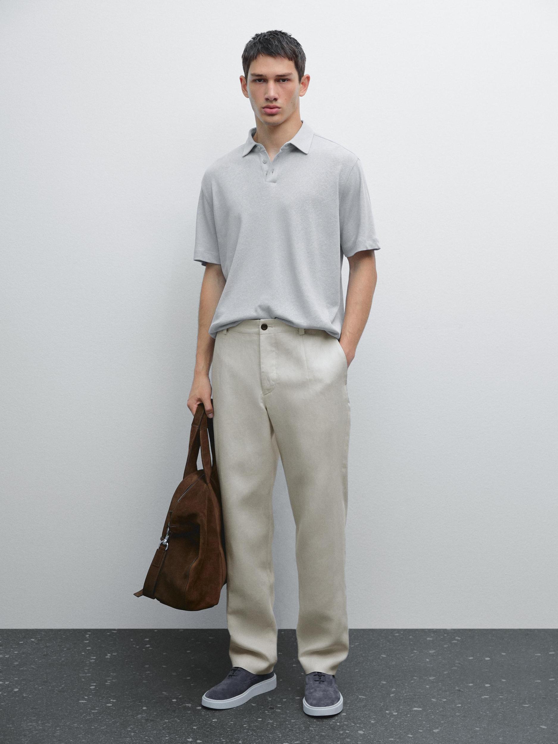 Short sleeve linen blend polo shirt Product Image