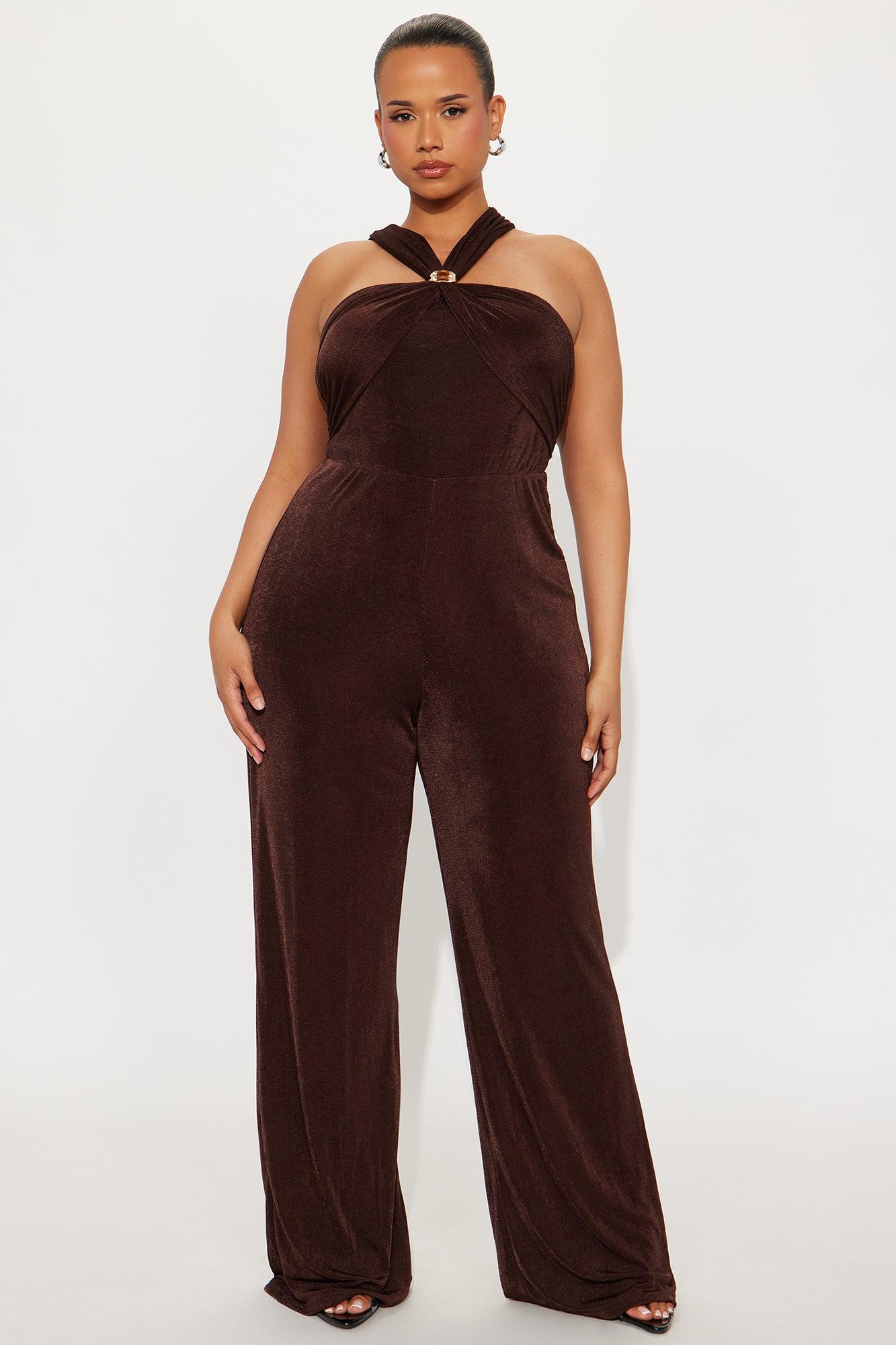 On Your Mind Slinky Wide Leg Jumpsuit - Chocolate Product Image