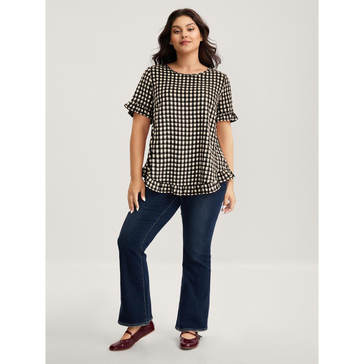 Plus Size Black Gingham Print Button Back Blouse Women Short sleeve Round Neck Everyday-Casual Blouses BloomChic 10/M Product Image