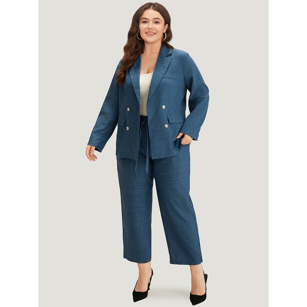 Plus Size Solid Double Breasted Suit Collar Flap Pocket Blazer Indigo Women Work Plain Texture Sleeve Long Sleeve Suit Collar 26/4X Pocket At the Office Blazers BloomChic Product Image
