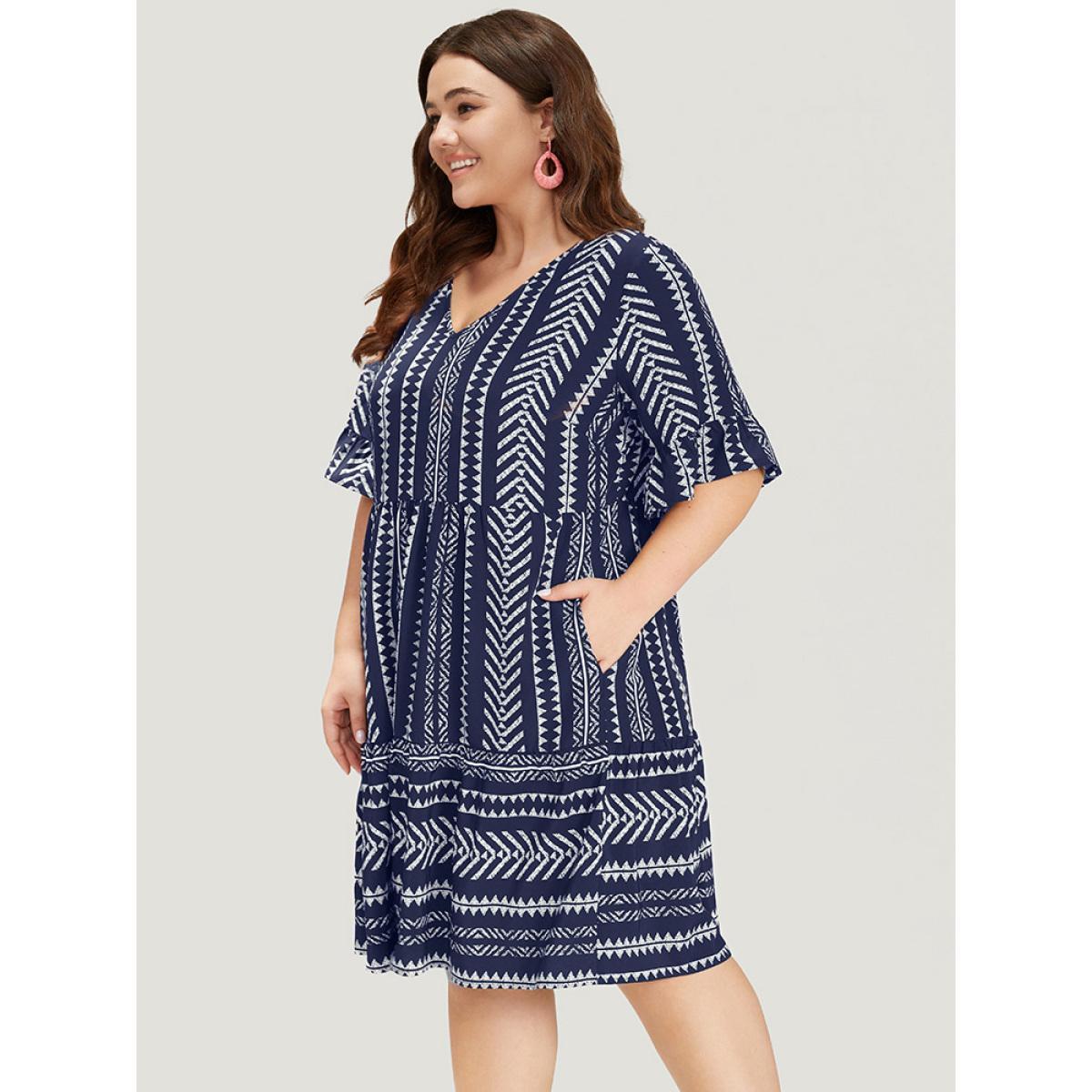 Plus Size Striped Geo Patchwork Pocket Bell Sleeve Dress DarkBlue Women Vacation Patchwork V-neck Short sleeve Curvy Knee Dress BloomChic 22-24/3X Product Image