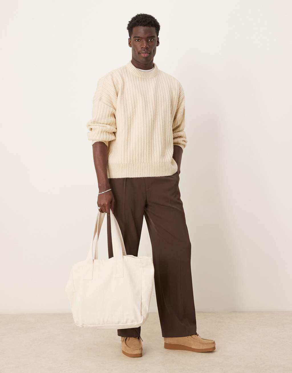 ASOS DESIGN super oversized boxy fit knitted texture crew neck sweater in ecru Product Image