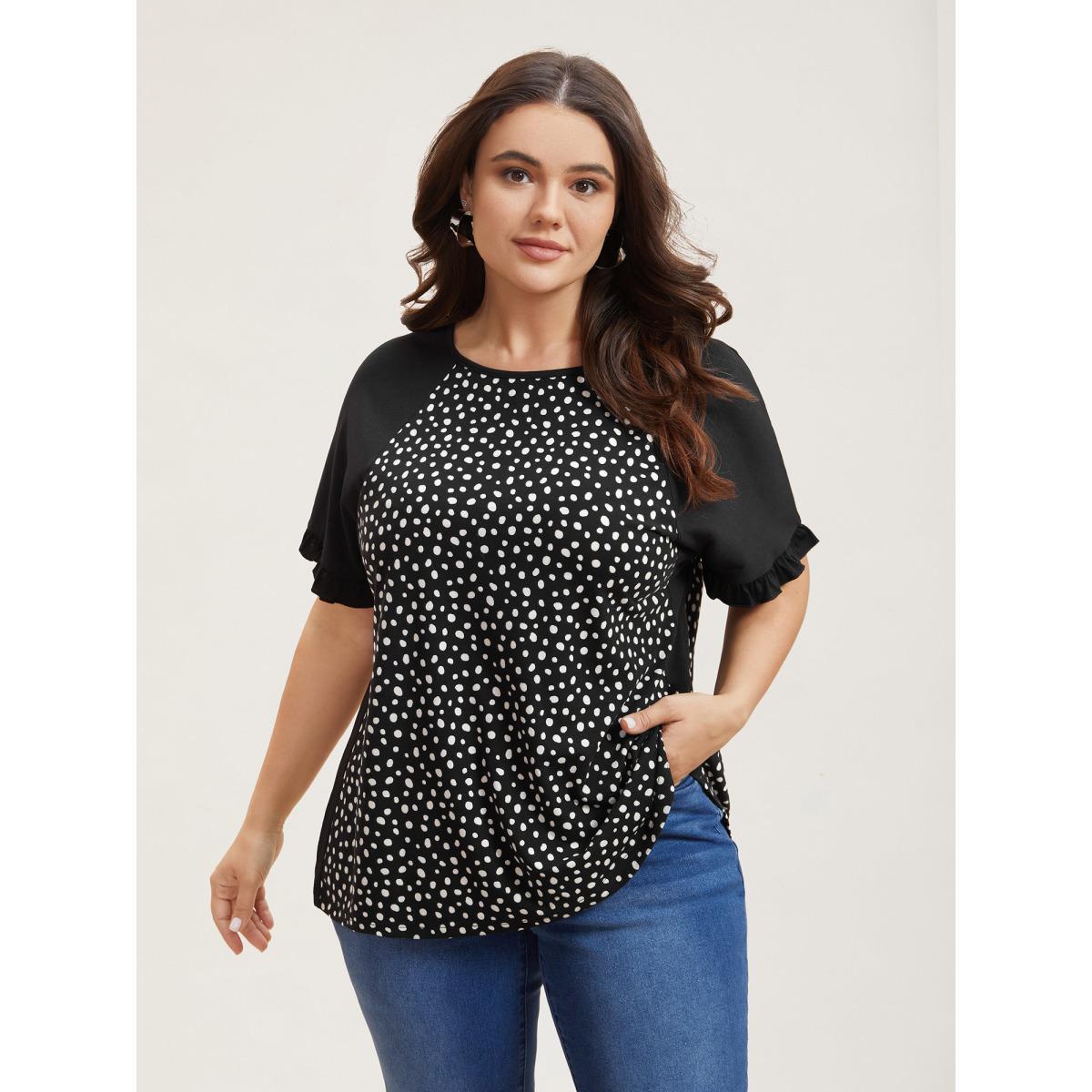 Plus Size Printed Spliced Raglan Sleeve Ruffled T-Shirt Black Women Casual Contrast Round Neck Everyday T-shirts BloomChic 28/5X Product Image
