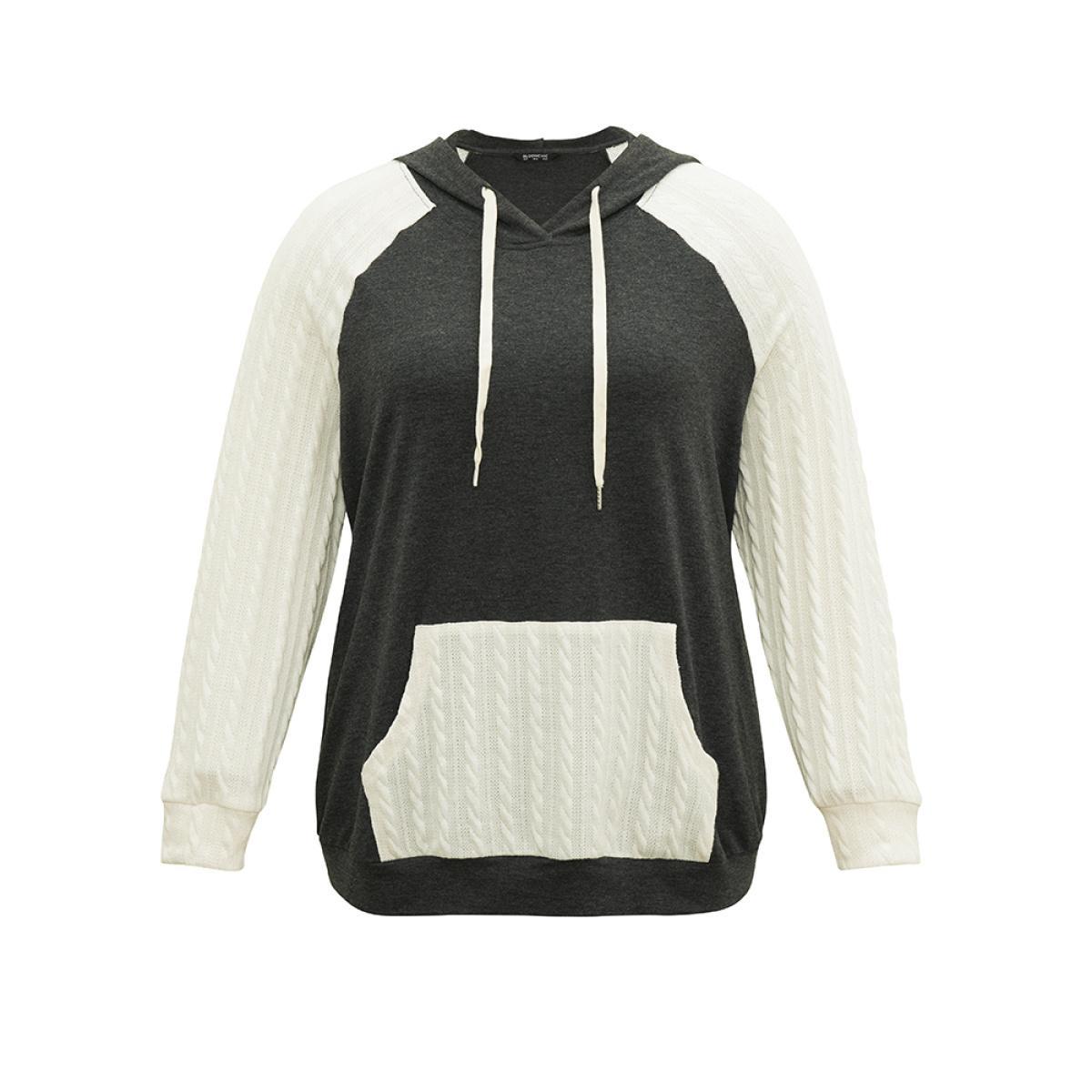 Plus Size Contrast Cable Knit Pocket Hooded Drawstring Sweatshirt Women Gray Casual Texture Hooded Everyday Sweatshirts BloomChic 22-24/3X Product Image