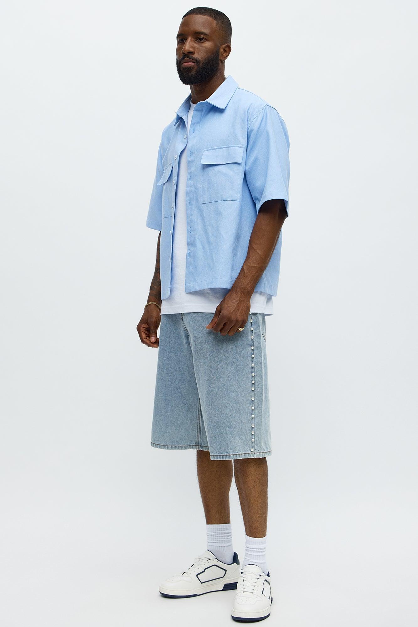 Baggy Pearls Along The Side Denim Short - Light Wash Product Image