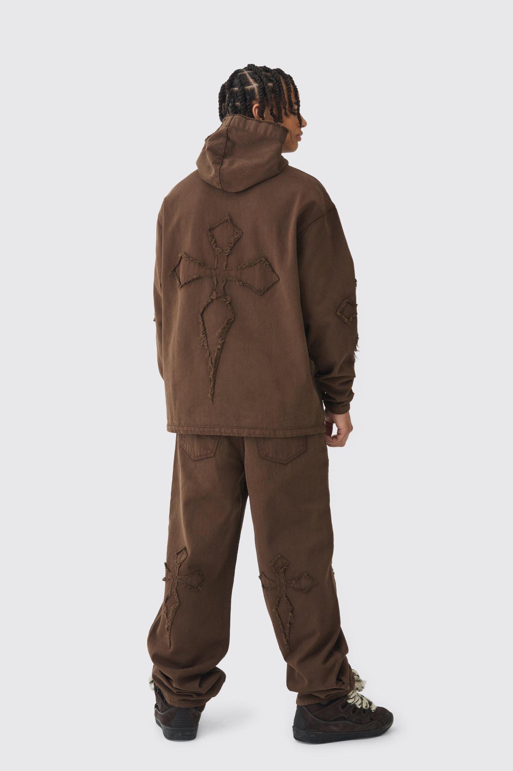 Oversized Denim Applique Cross Dirty Wash Hoodie | boohooMAN USA Product Image