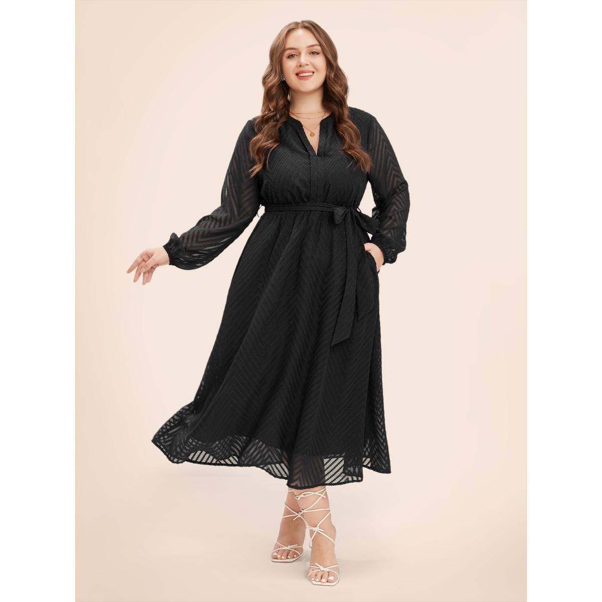 Chiffon Geometric Elegance Plain Navy Belt Plus Size Midi Dress Women Pocket Lantern Sleeve Long Sleeve V Neck Pocket Dailywear Midi Dress BloomChic Product Image