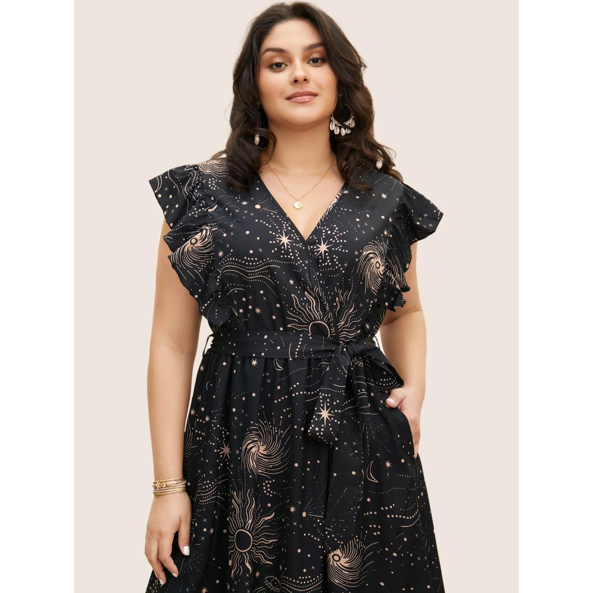 Plus Size Moon & Star Ruffle Cap Sleeve Maxi Dress Black Women Resort Belted Overlap Collar Cap Sleeve Curvy BloomChic 22-24/3X Product Image