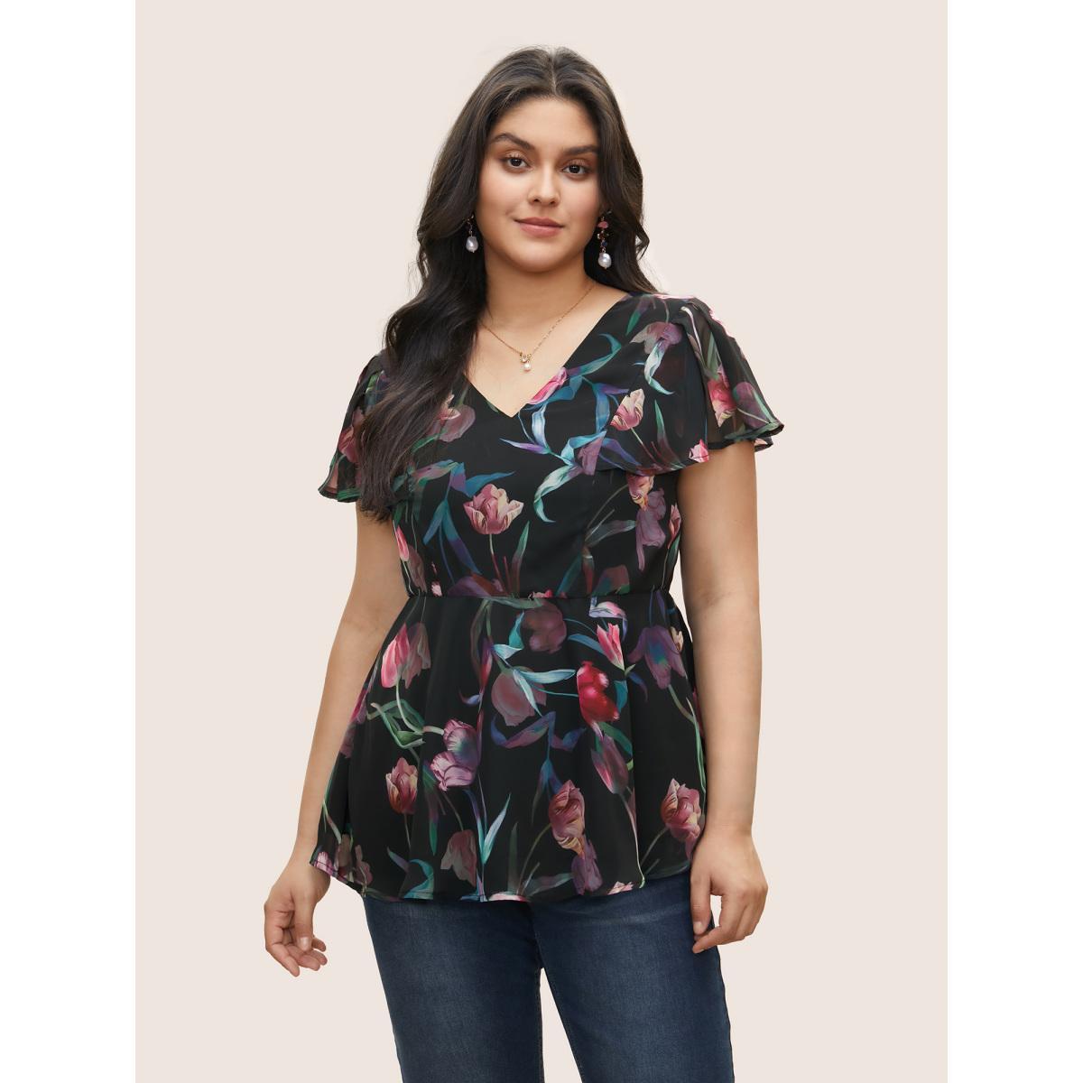 Plus Size Black Floral Mesh Ruffle Sleeve Elastic Waist Blouse Women Elegant Short sleeve V-neck Everyday Blouses BloomChic 10/M Product Image