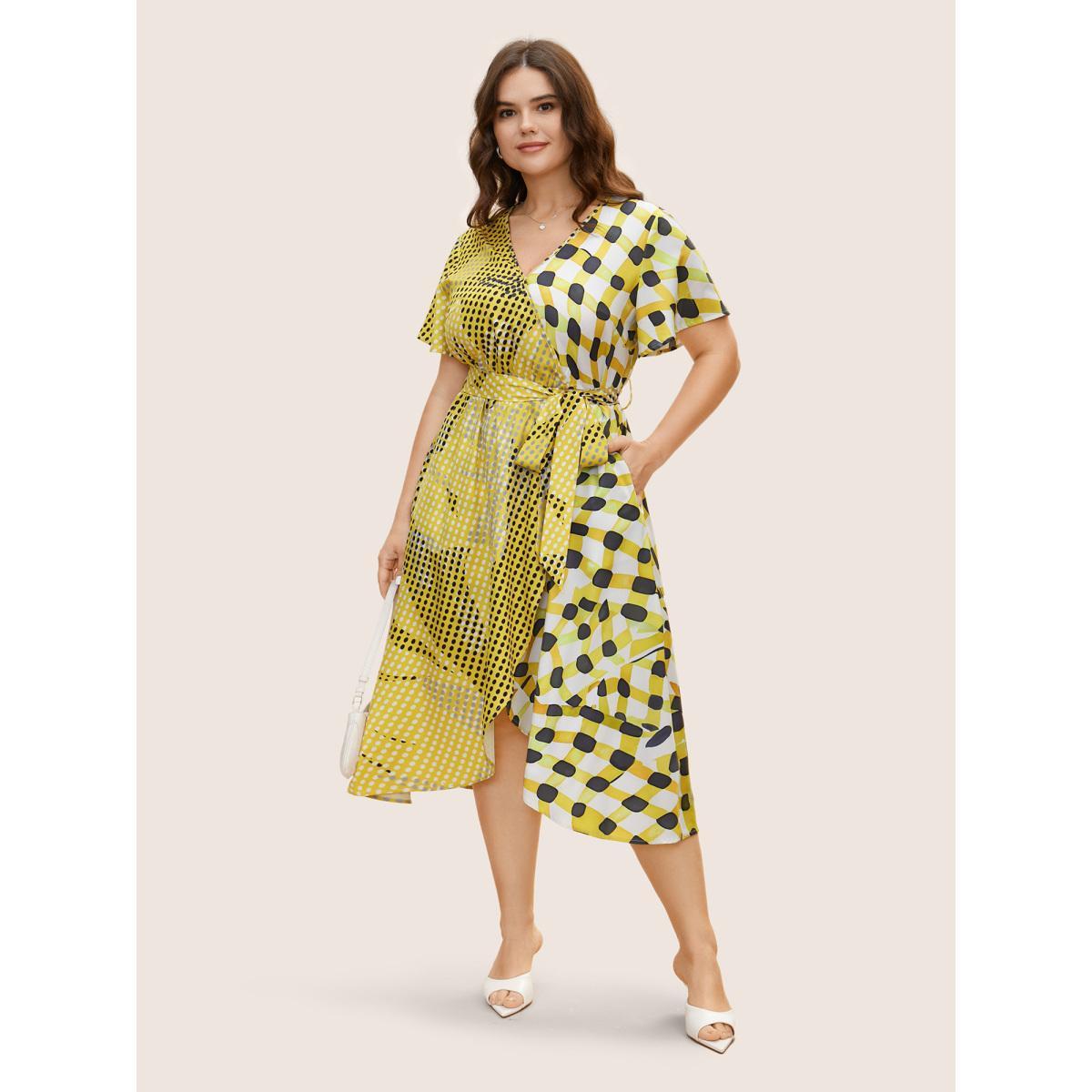 Plus Size Overlap Collar Contrast Polka Dot Belted Dress YellowGreen Women At the Office Overlapping Overlap Collar Short sleeve Curvy BloomChic 30/6X Product Image