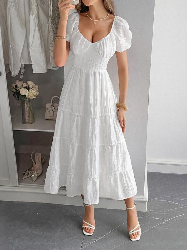 A-Line Loose Backless Pleated Solid Color Tied V-Neck Midi Dresses Product Image