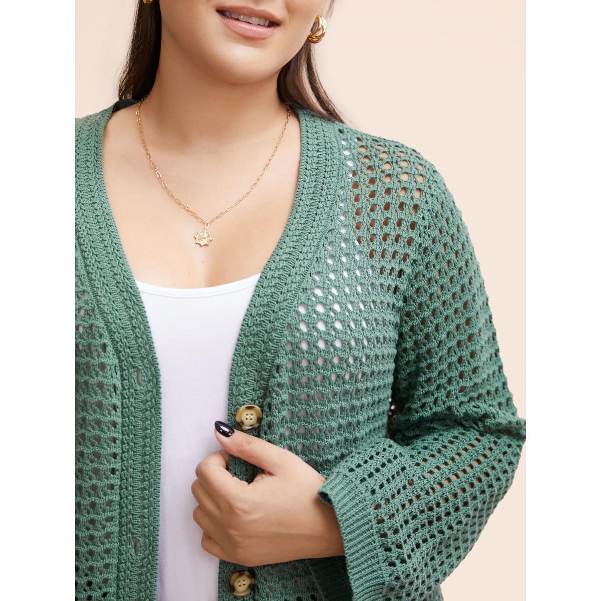 Plus Size Cotton Texture Cut Out Bell Sleeve Cardigan Greenbean Women Casual Loose Long Sleeve Everyday Cardigans BloomChic 22-24/3X Product Image