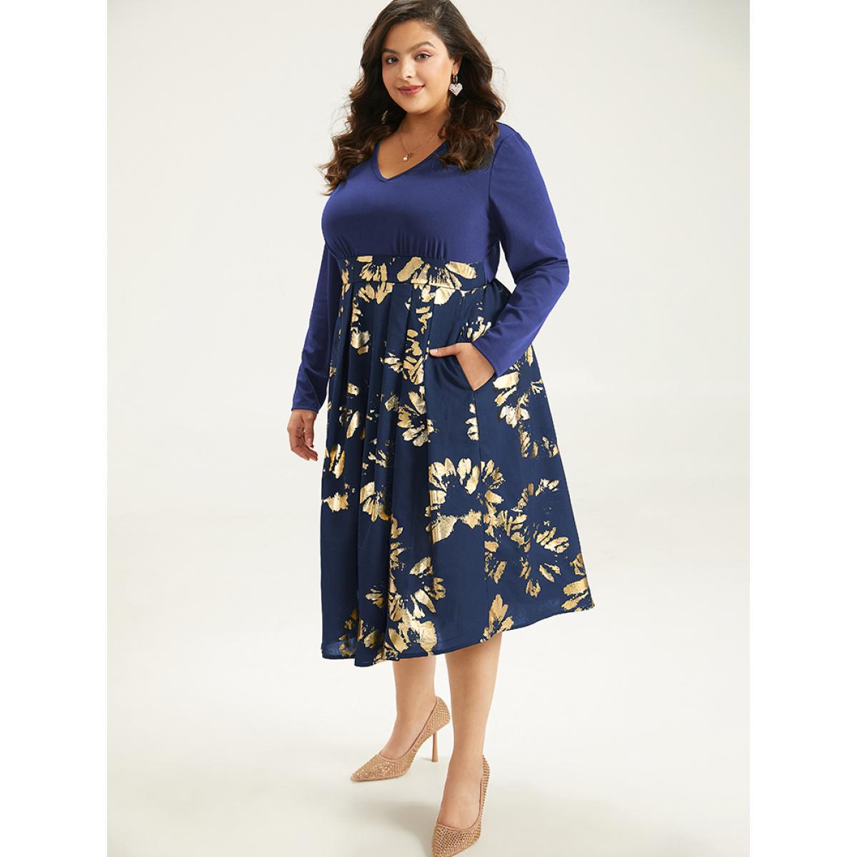 Plus Size Brush Glitter Pocket Patchwork Dress DarkBlue Women Party Printed V-neck Long Sleeve Curvy Midi Dress BloomChic 22-24/3X Product Image