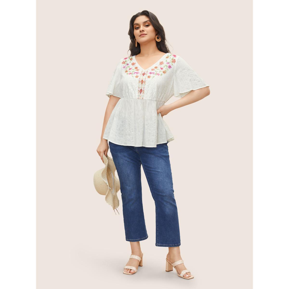 Plus Size White Floral Texture Ruffle Sleeve Gathered Blouse Women Resort Short sleeve V-neck Vacation Blouses BloomChic 18-20/2X Product Image