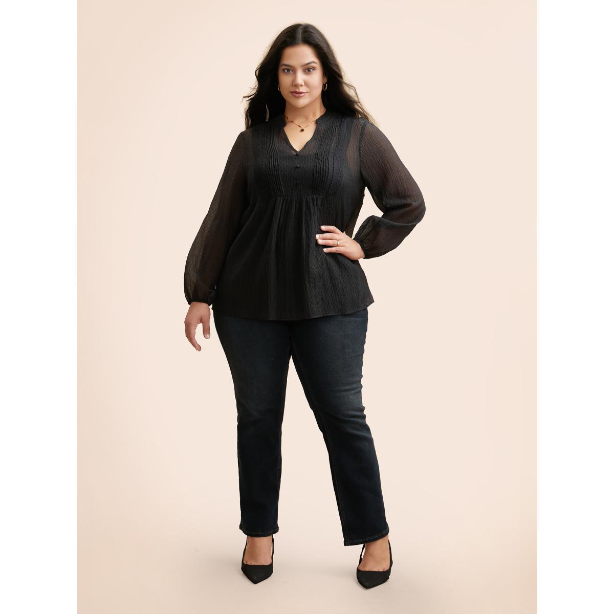 Plus Size Black Textured Lace Panel Pleated Blouse Women Elegant Long Sleeve V-neck Everyday Blouses BloomChic 12/L Product Image