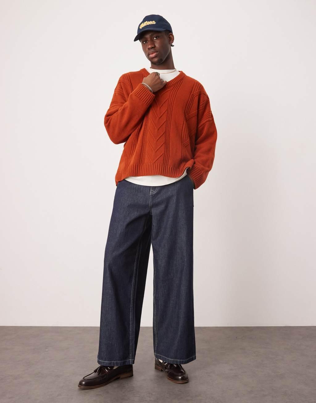 ASOS DESIGN super oversized stitch detail v-neck knit boxy sweater in burnt orange Product Image
