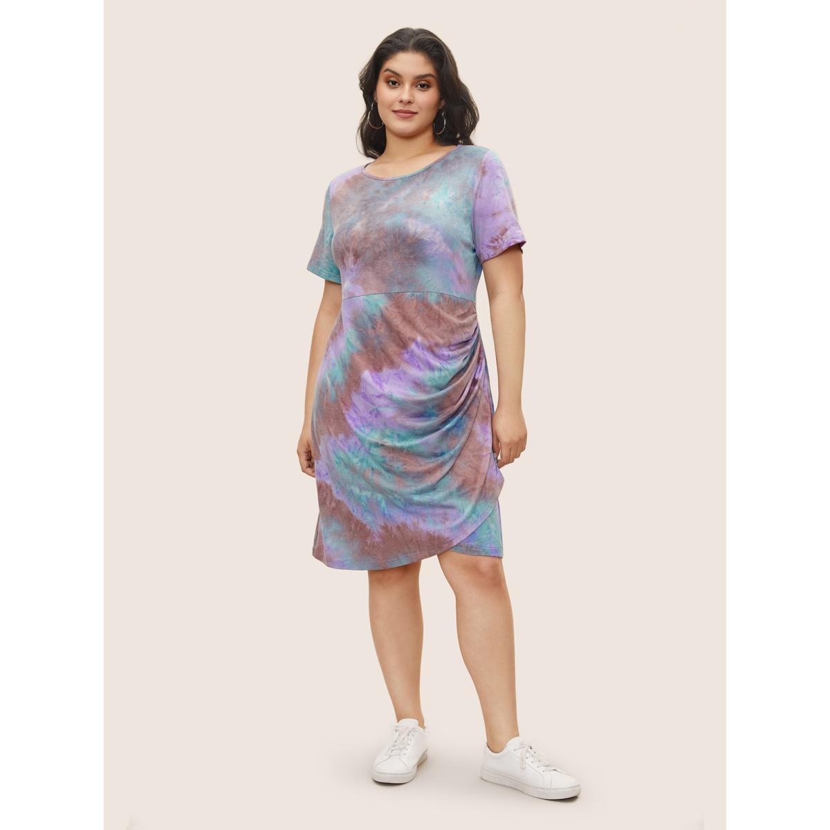 Plus Size Tie Dye Ruched Round Neck Dress Multicolor Women Casual Gathered Round Neck Short sleeve Curvy Knee Dress BloomChic 30/6X Product Image