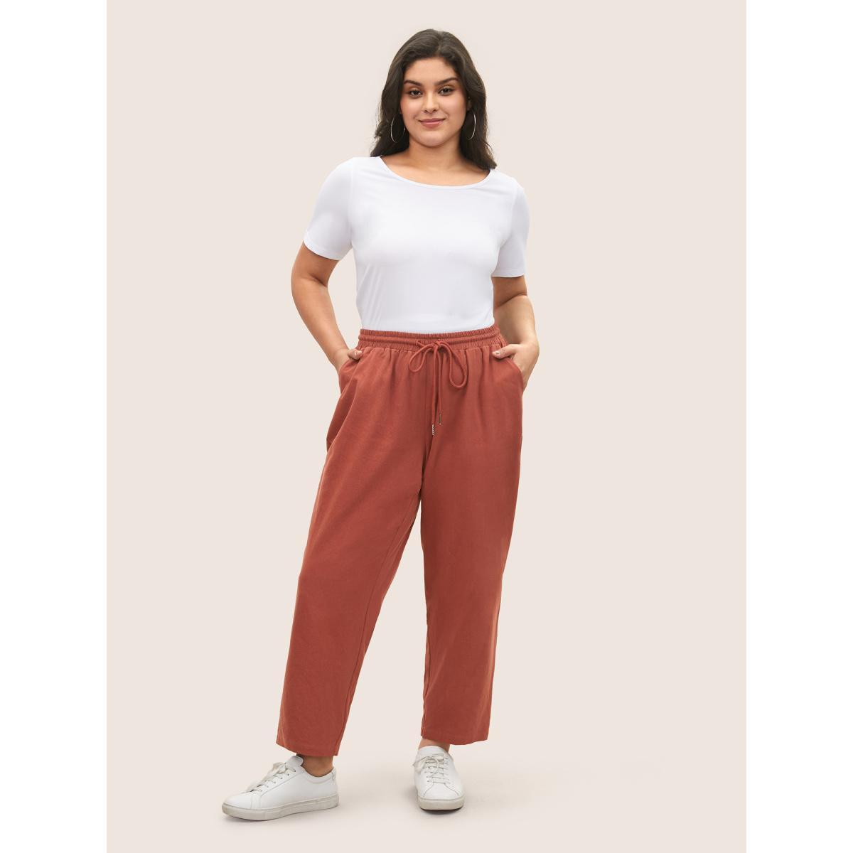 Plus Size Solid Color Drawstring Pencil Pants Women Maroon Casual Loose High Rise Everyday Pants BloomChic 10/M Product Image