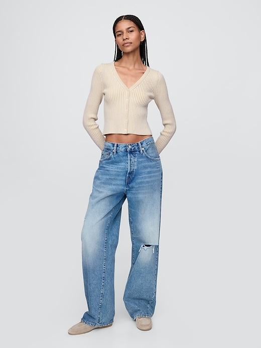 100% Cotton Cropped Plaited Rib Cardigan Product Image