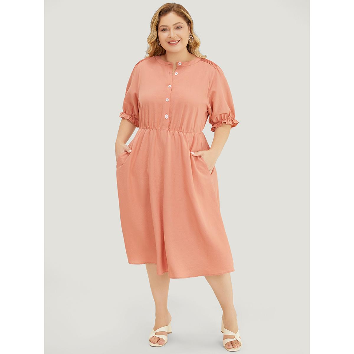 Plus Size Plain Ruffles Pocket Button Up Puff Sleeve Pleated Dress Salmon Women Office Pleated Round Neck Short sleeve Curvy Midi Dress BloomChic 26/4X Product Image