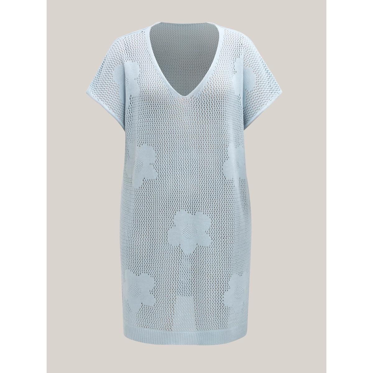 Plus Size Floral Pattern Jacquard Slit Swim Cover-Up Women's Swimwear LightBlue Beach Loose Cut-Out Curve Swim Cover Ups BloomChic 12/L Product Image