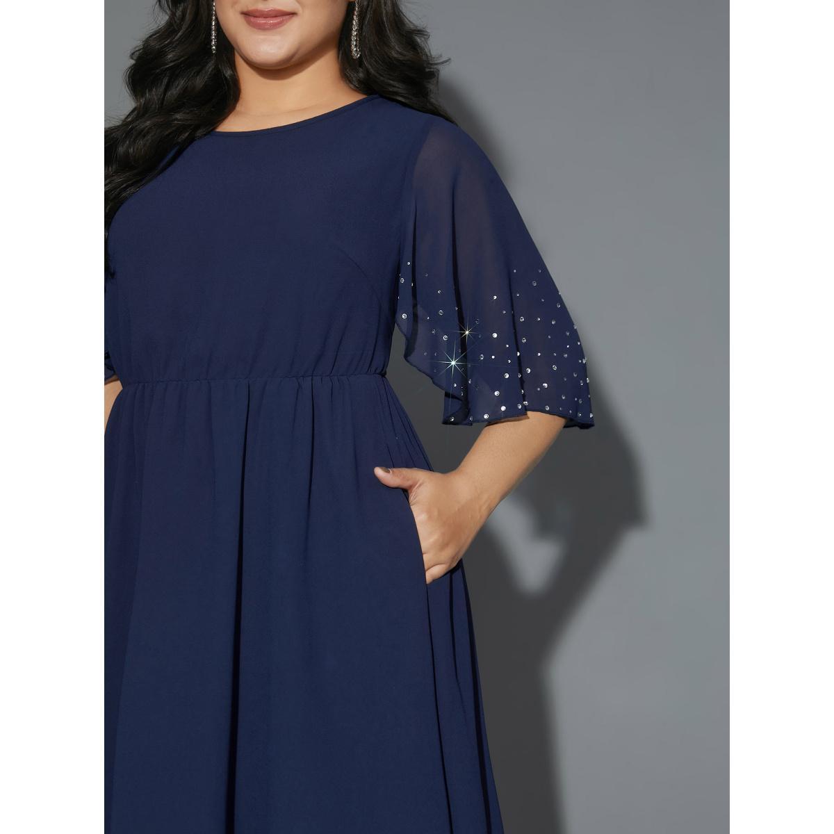 Plus Size Rhinestone Elastic Waist Ruffle Sleeve Dress Navy Women Cocktail Rhinestone detailing Party Curvy Bloomchic 14-16/1X Product Image