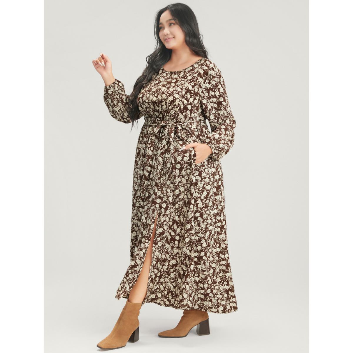 Plus Size Floral Pocket Lantern Sleeve Belted Split Hem Dress DarkBrown Women Elegant Belted Round Neck Long Sleeve Curvy Long Dress BloomChic 26/4X Product Image