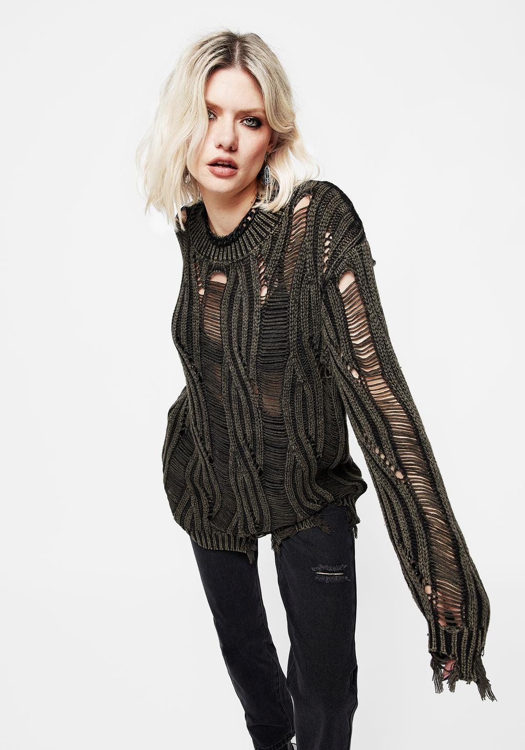 Granite Ladder Stitch Distressed Cable Knit Sweater Product Image