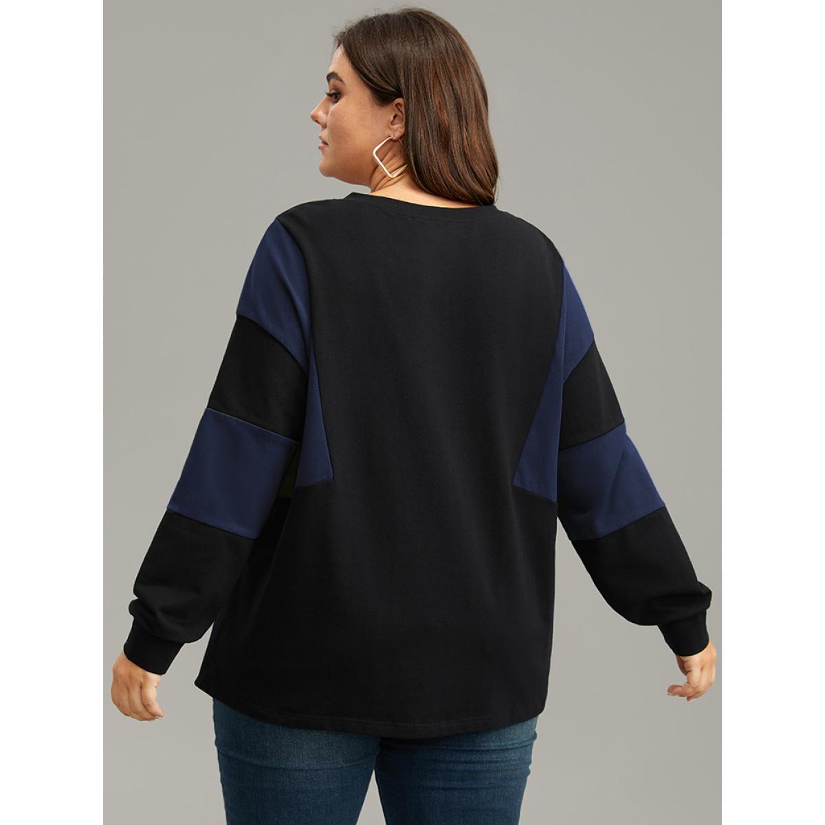 Plus Size Cotton Colorblock Contrast Lace Up Sweatshirt Women Burgundy Casual Elastic cuffs V-neck Dailywear Sweatshirts BloomChic 26/4X Product Image