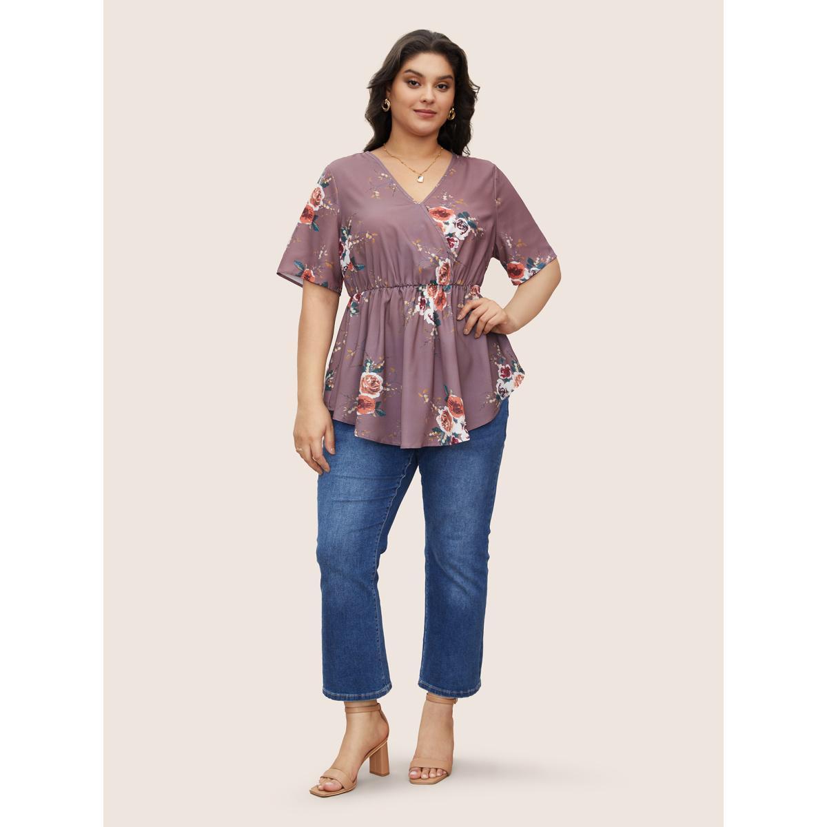 Floral Wrap Smocked Plus Size Women Casual Blouses Dailywear Ruffle Sleeve Short Sleeve V Neck Elegance Blouses BloomChic Product Image