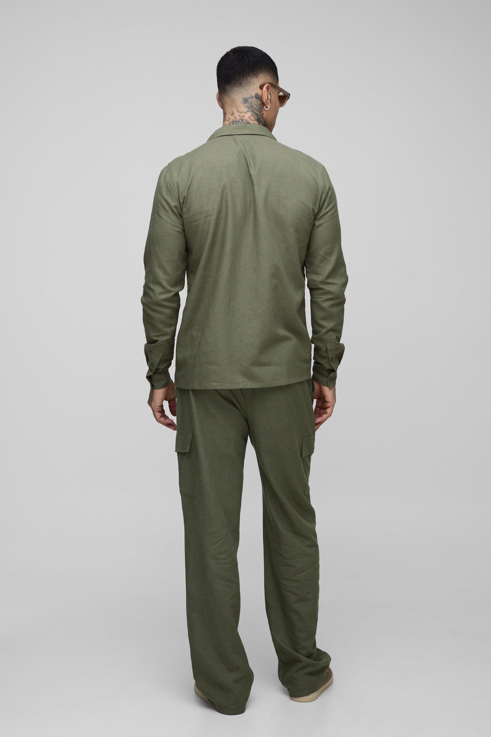 Tall Regular Linen Cargo Shirt & Relaxed Pants Set | boohooMAN USA Product Image