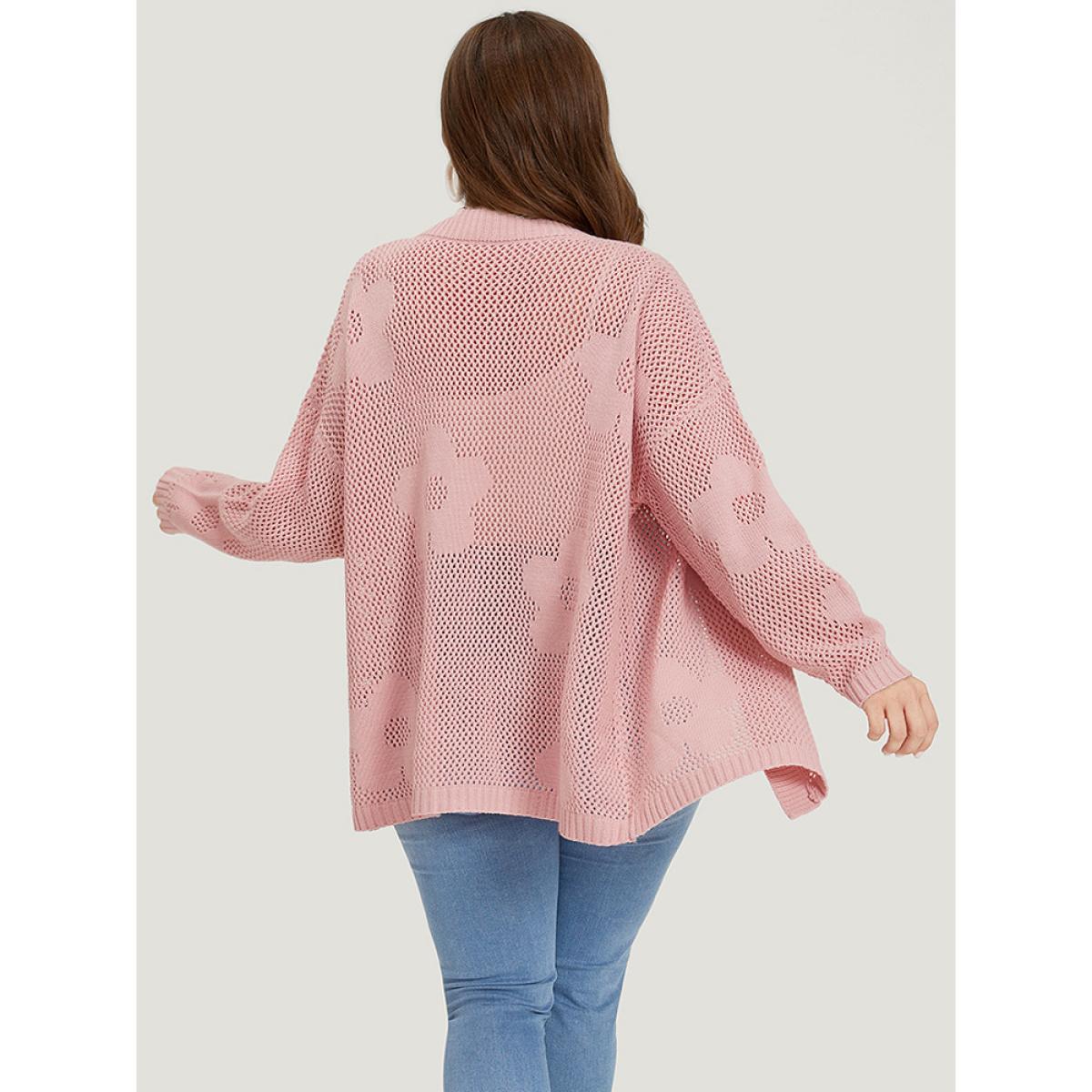 Plus Size Floral Graphic Eyelet Open Front Cardigan Pink Women Casual Loose Long Sleeve Dailywear Cardigans BloomChic 22-24/3X Product Image