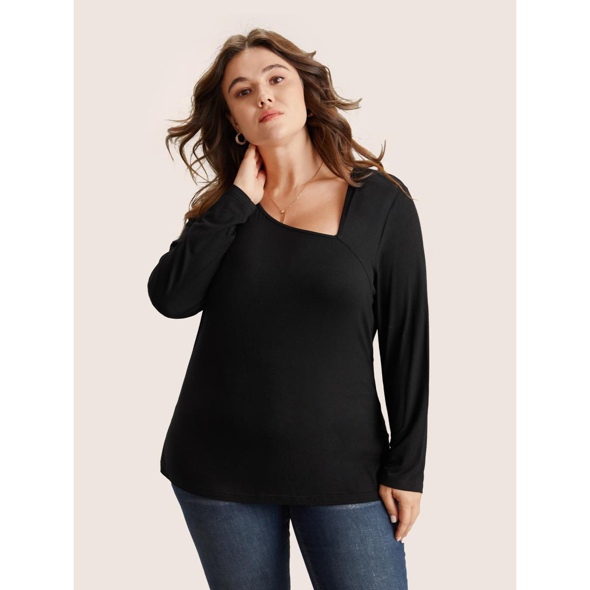 Plus Size Solid Asymmetrical Neck Knit T-shirt Black Women Elegant Non Plain Asymmetrical Neck Everyday T-shirts BloomChic 30/6X Product Image