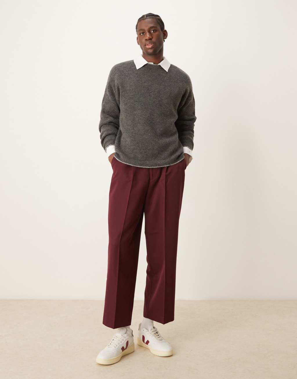 ASOS DESIGN relaxed knit plush sweater in charcoal with contrast blanket stitch Product Image