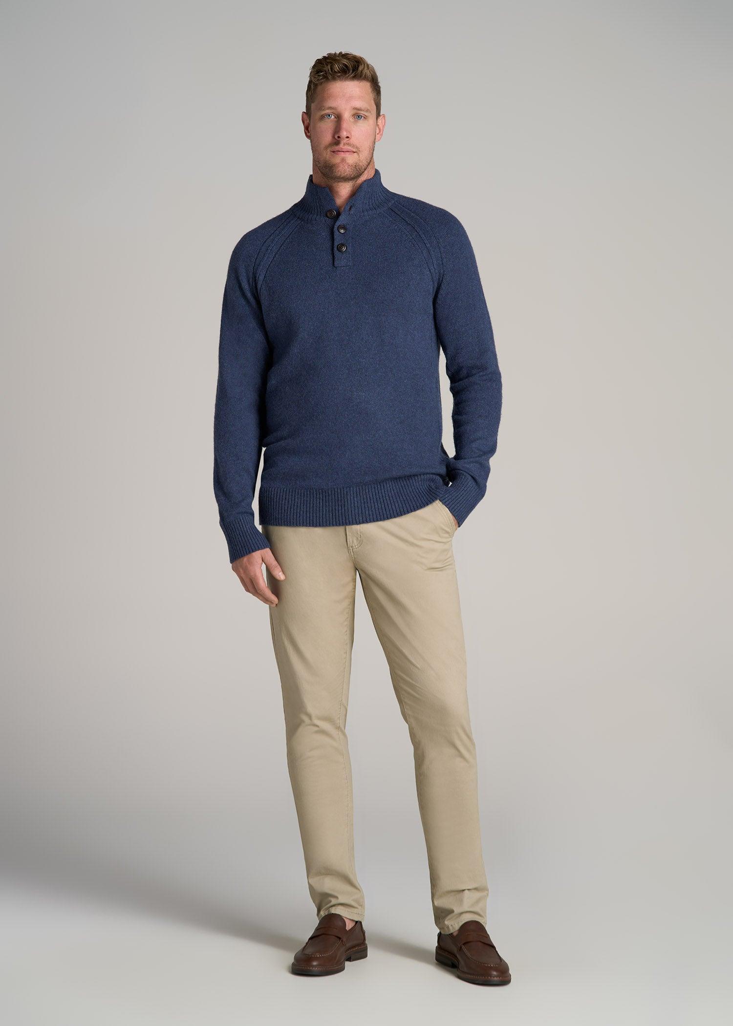 Three Button Mock Neck Tall Men's Sweater in Deep Cobalt Mix Product Image
